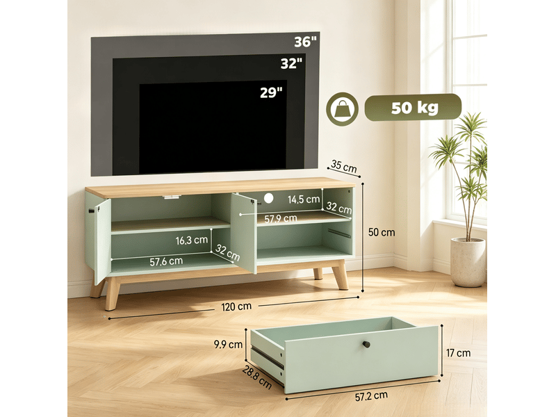  Meuble tv modenvie 120 x 35 x 50 cm avec 2 portes, tiroir et rangement ouvert mdf vert clair et chêne  - Conforama C