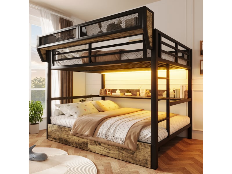 Lit superposé 140x200 cm noir en métal et mdf avec led et 2 tiroirs - Conforama D