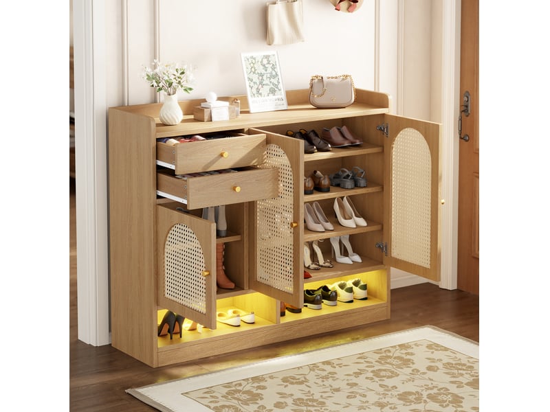  Meuble à chaussures tcqpz 120 x 35 x 100 cm 3 portes en rotin 2 tiroirs led naturel  - Conforama E