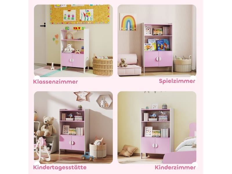 Bibliothèque enfant 60 x 35 x 100 cm rose et blanche en bois, 2 étagères, 2 placards, kit anti-basculement - Conforama E