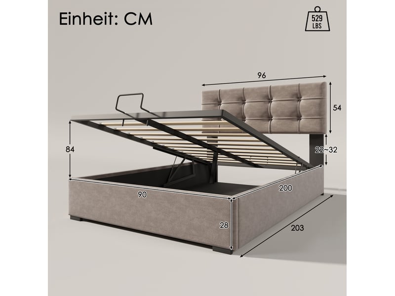  Lit coffre 1 place 90x200 cm à tête réglable en velours gris clair  - Conforama E