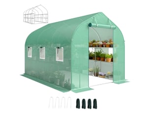Serre tunnel de jardin 6m², serre de jardin avec étagères, porte et 6 fenêtres, cadre en acier galvanisé, vert