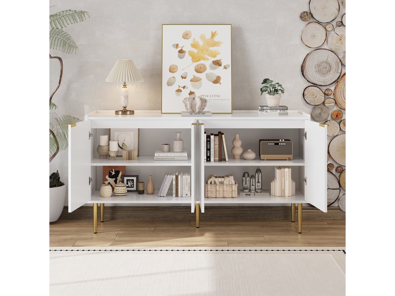  Buffet bas 4 portes mdf blanc 140x38x75 cm pieds en fer doré  - Conforama B