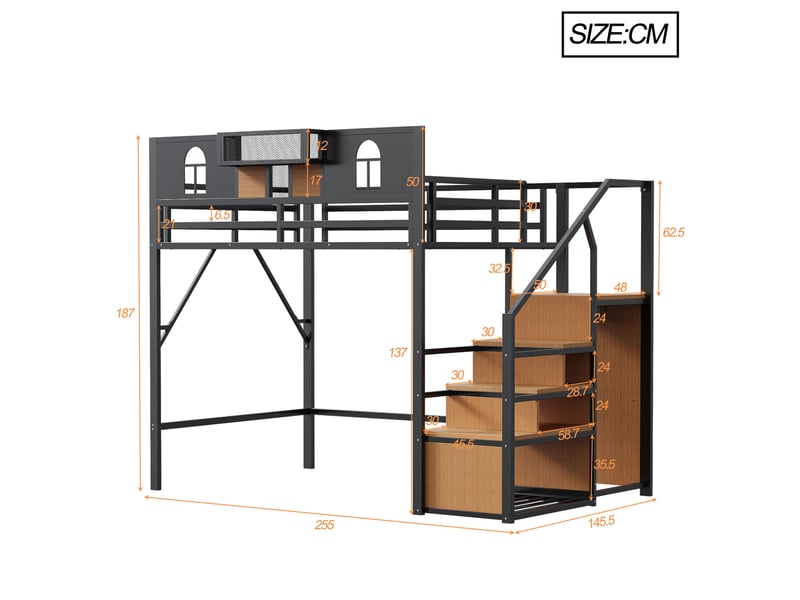  Lit mezzanine 140x200cm coloris noir métal lit enfant noir - Conforama C