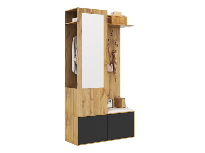  Ensemble d'entrée: placard, 5 crochets, miroir, porte-chaussures, étagère haute avec espace caché, banc d’entrée  - Conforama A