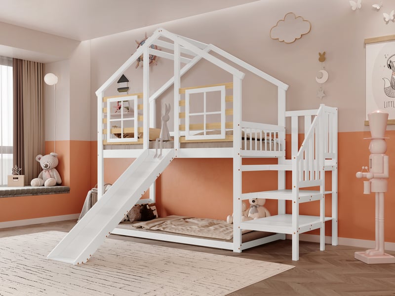 Lit superposé moderne 90x200 cm cabane avec escalier et toboggan, blanc, sans matelas - Conforama W