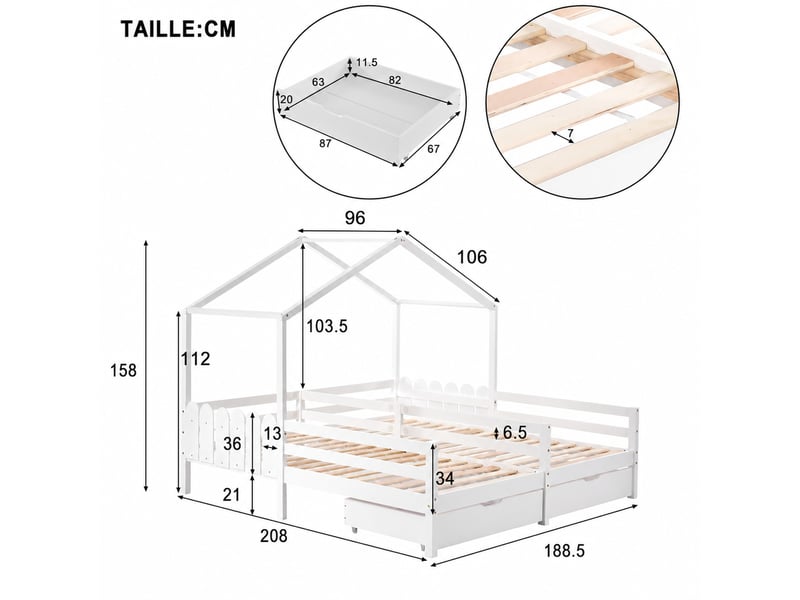  Lit cabane double en bois, lit 2 places avec 2 tiroirs, barrières et toit, 200x90 cm et 200x90 cm, sans matelas  - Conforama D