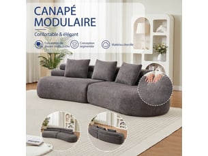 Canapé modulable chenille design demi-lune 3 pièces sans bords durs, canapé incurvé gris anthracite