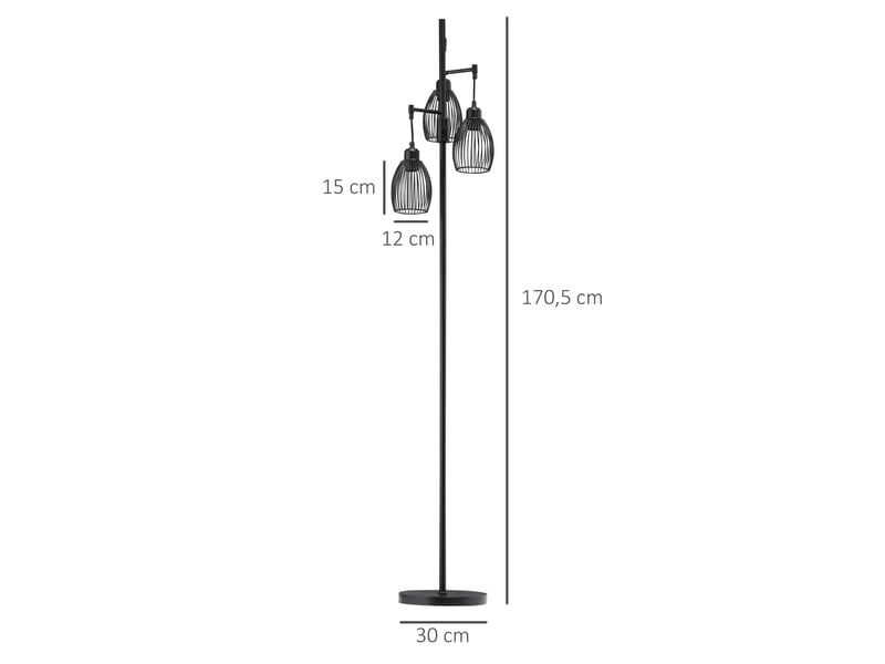  Lampadaire style industriel 40 w max. 3 abat-jours en métal filaire luminosité réglable - noir - ampoule e27  - Conforama C