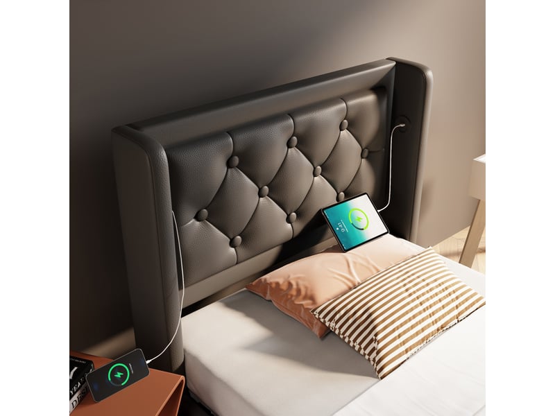  Lit rembourré 90*200 cm avec usb-c, led 3 côtés et coffre hydraulique, lit simple noir pu, matelas inclus  - Conforama C