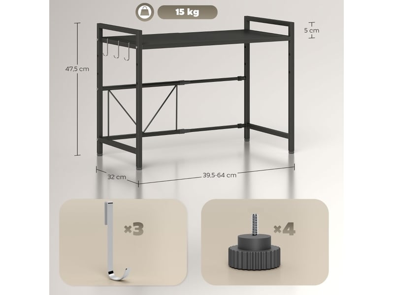  Support micro-ondes 64x32x47,5 cm extensible métal noir  - Conforama E