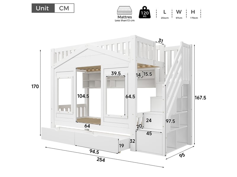  Lit mezzanine enfant 90×200 cm, escalier de rangement, tiroir et étagères  - sans matelas, pin et mdf blanc  - Conforama D