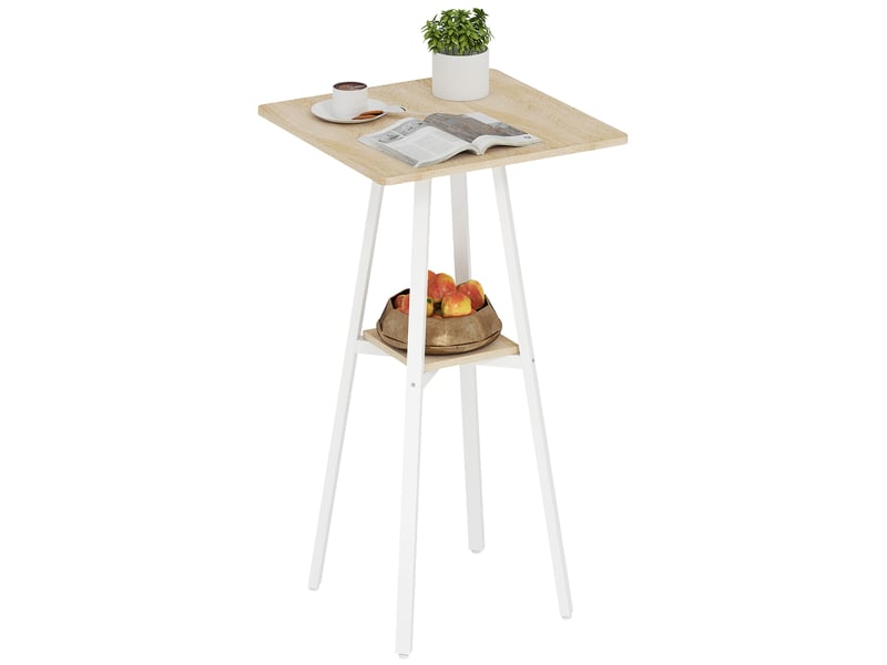  Table de bar carrée pour 2 personnes, table haute cuisine mange-debout avec étagère, 55 x 55 x 95 cm, naturel et blanc  - Conforama B