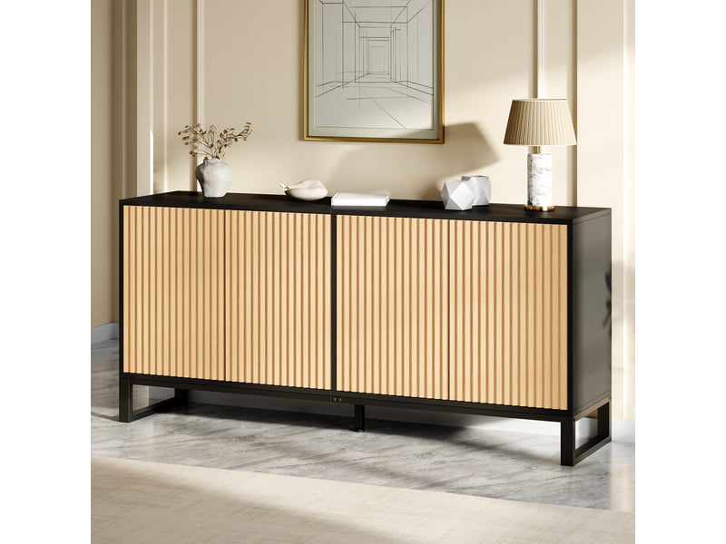  Sideboard noir 4 portes meuble de rangement buffet pb et mdf avec lignes verticales et hauteur surélevée  - Conforama C