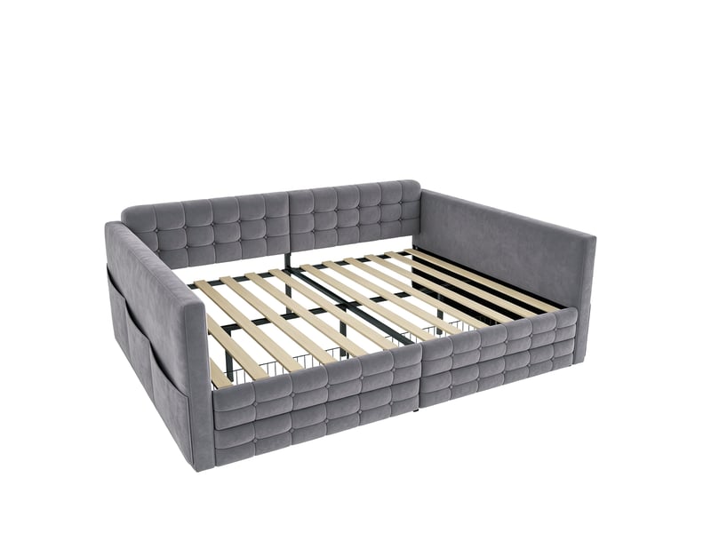  Lit canapé velours gris 140x190 cm motif capitonné avec 2 tiroirs et rangements  - Conforama D