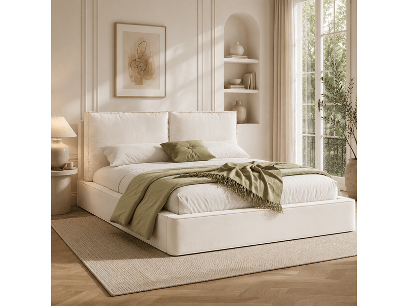  Lit double 180x200 cm, lit rembourré, sommier à lattes, tête de lit rembourrée, tissu chenille beige  - Conforama A