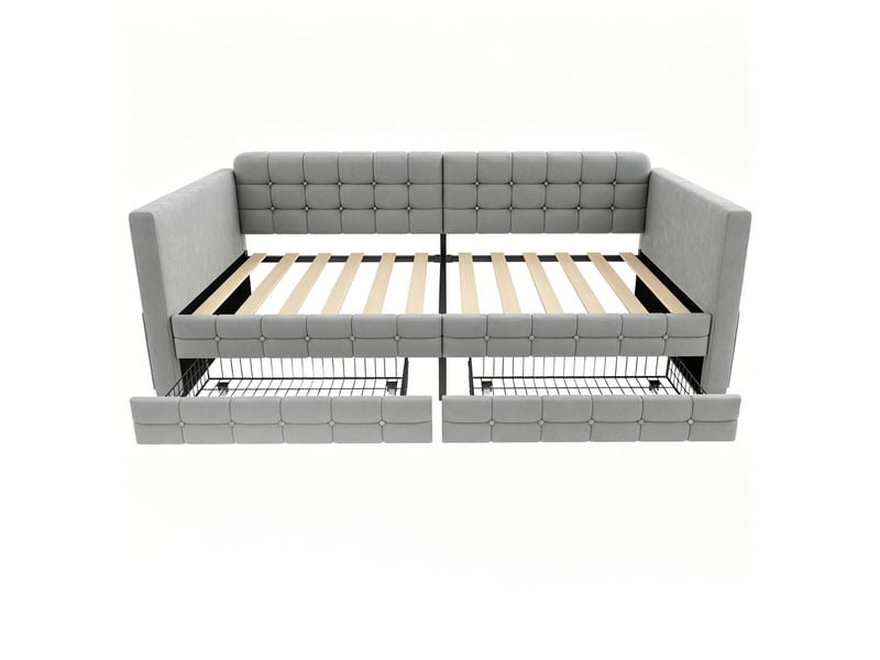  Lit banquette 90 × 190 cm, velours capitonné, 2 tiroirs, poches latérales, sommier à lattes, gris clair, avec rangement  - Conforama A