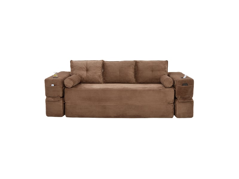  Canapé convertible 3 places en velours côtelé marron avec porte-gobelet  - Conforama A
