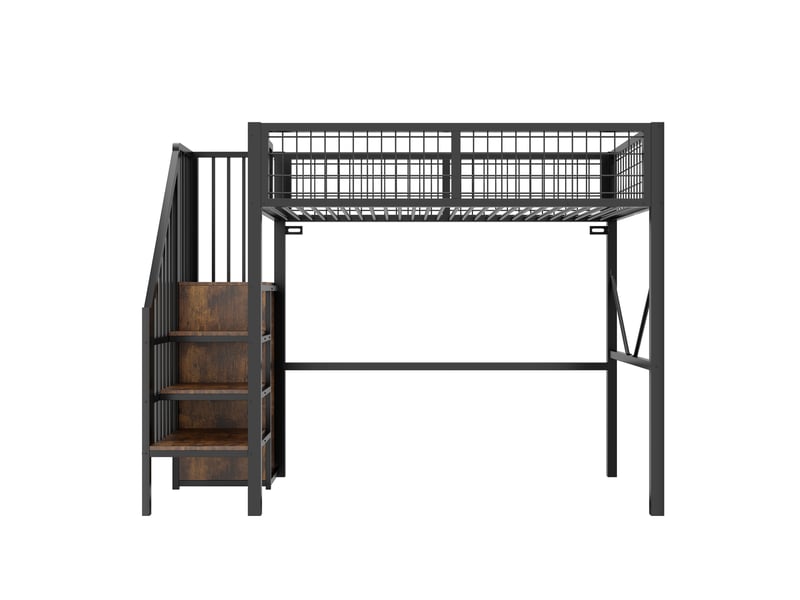  Lit mezzanine enfant 90x200cm en métal avec échelle de rangement et led,lit superposé simple avec barrières grillagées,sans matelas,noir  - Conforama E
