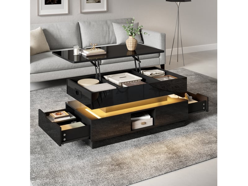  Table basse relevable avec tiroir, niches ouvertes, led et prise intégrée, finition brillante, mdf noir, 90 × 48 × 42,5 cm  - Conforama B