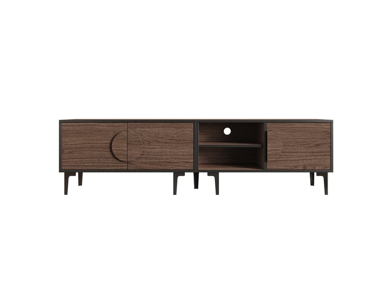  Meuble tv 180x35x49 cm en noyer foncé – 2 portes et étagères ouvertes, pour tv jusqu’à 80 pouces  - Conforama A