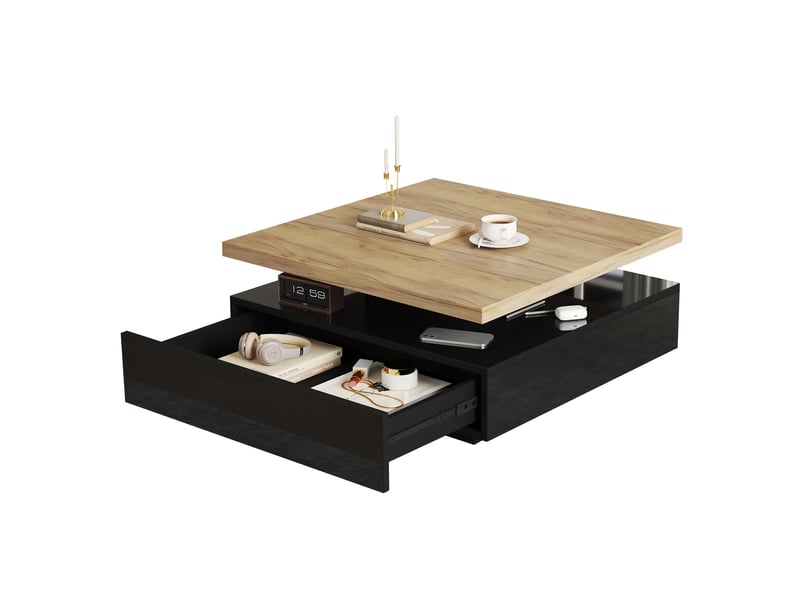  Table basse carrée pivotante 360° avec tiroir, table de salon 70x70 cm, finition noir brillant et noyer  - Conforama A
