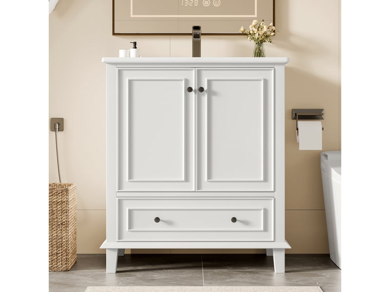 Meuble vasque salle de bain blanc 76 cm avec lavabo céramique intégré, pieds bois massif et grand rangement - Conforama B