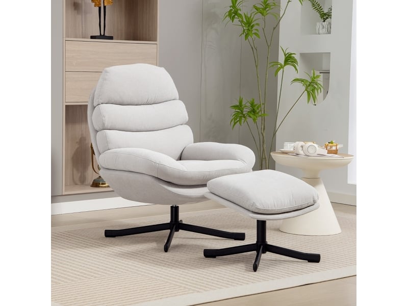  Fauteuil relax pivotant 360° avec repose-pieds en chenille blanc crème 78x93x100 cm  - Conforama B
