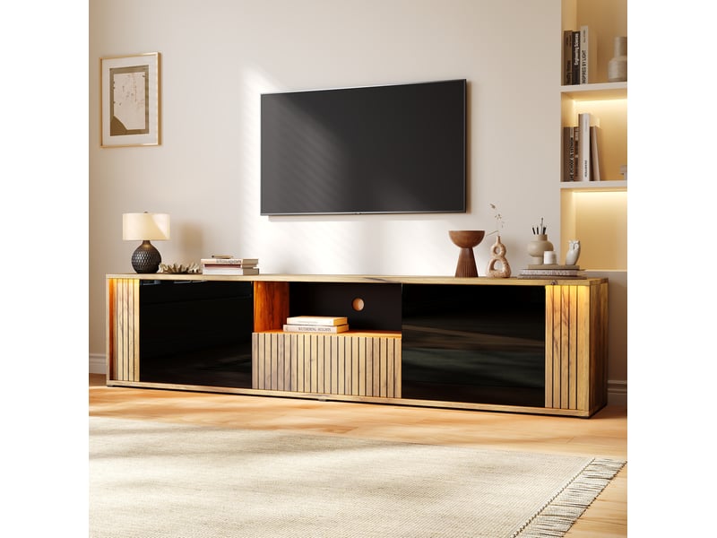  Meuble tv tcqpz 180 x 40 x 51 cm led bluetooth 2 portes 1 tiroir noir et bois naturel  - Conforama E