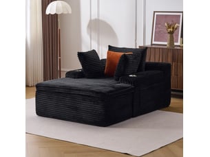 Méridienne de sol avec porte-gobelets, 3 coussins et coussin 2-en-1, en velours côtelé noir
