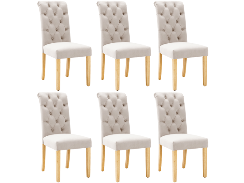  Lot de 6 chaises de salle à manger en velours avec pieds en chêne, bouton, heurtoir chromé, marron  - Conforama A