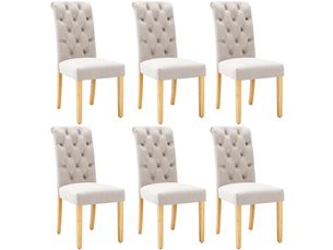 Lot de 6 chaises de salle à manger en velours avec pieds en chêne, bouton, heurtoir chromé, marron