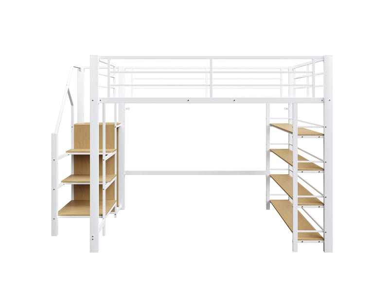 Lit mezzanine 140x200 cm blanc, escalier sécurisé, armoire, étagères, rangements et barrières hautes  - Conforama A