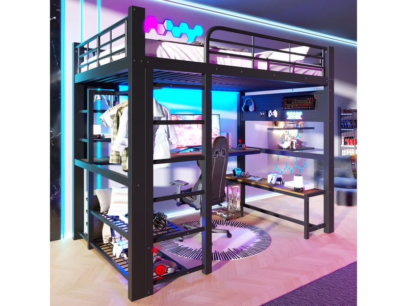 Lit mezzanine modenvie 140 x 200 cm en métal avec led, bureau en bois, étagères, tringle, noir, sans matelas  - Conforama E