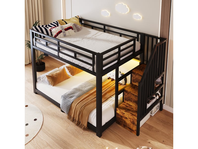  Lit superposé 140 x 200 cm avec escalier, rangement et led, structure en métal noir et mdf, sans matelas  - Conforama D