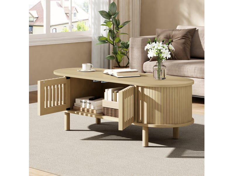  Table basse ovale 100x40x38 cm, 2 portes à lames et porte coulissante, en mdf et bois, coloris naturel  - Conforama B
