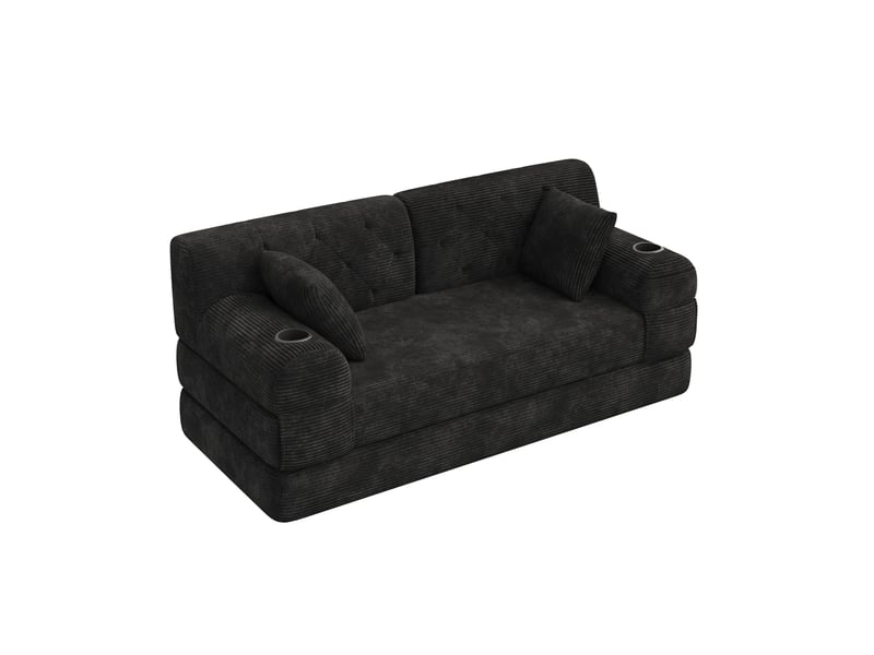  Canapé droit convertible 2 places en velours côtelé noir 168x80x81 cm, dossier haut, 2 porte-gobelets et 4 poches, salon petit espace 168x80x81cm - Conforama A