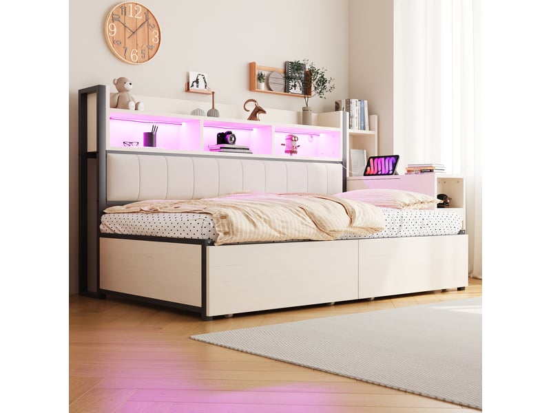  Canapé-lit 90x200 cm avec prise et éclairage led, lit simple avec grand tiroir et bureau coulissant, lit 1 personne, blanc  - Conforama D