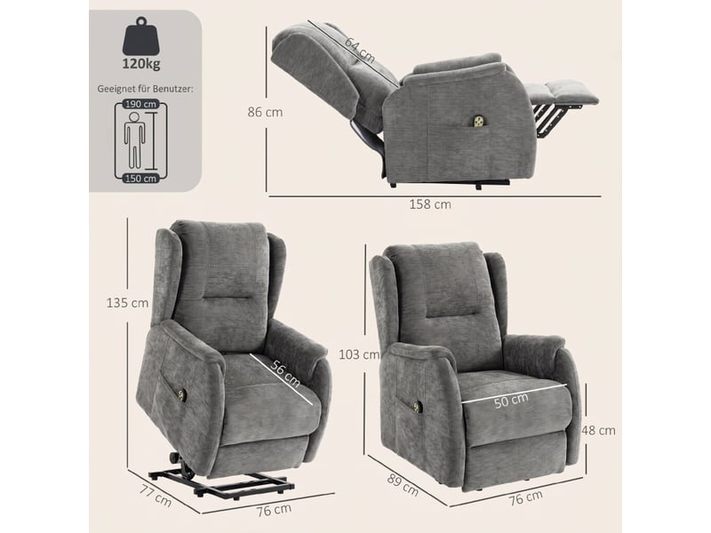  Fauteuil releveur électrique pour senior, relax gris foncé à 2 moteurs, dossier inclinable avec repose-pieds pour salon  - Conforama C