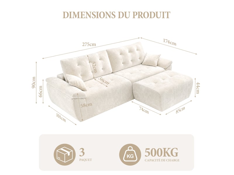  Canapé modulable en chenille beige mousse haute densité avec pouf,canapé salon 275cm style nuage confortable,compressé sans montage 275x174x66CM - Conforama E