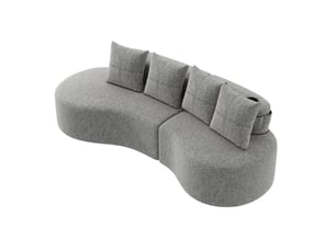 Canapé 4 places en lin gris clair avec 4 coussins, porte-gobelet et poches latérales