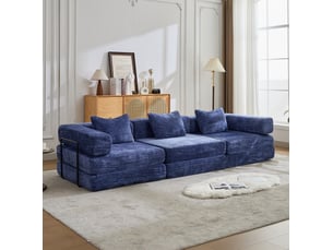 Canapé modulable convertible 3 places 300x100x63 cm pliable sans montage, sans ossature, tissu chenillé bleu foncé
