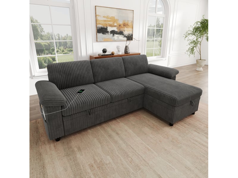 Canapé d'angle convertible réversible avec coffre, dossier réglable et ports usb et type-c en velours côtelé gris  - Conforama B