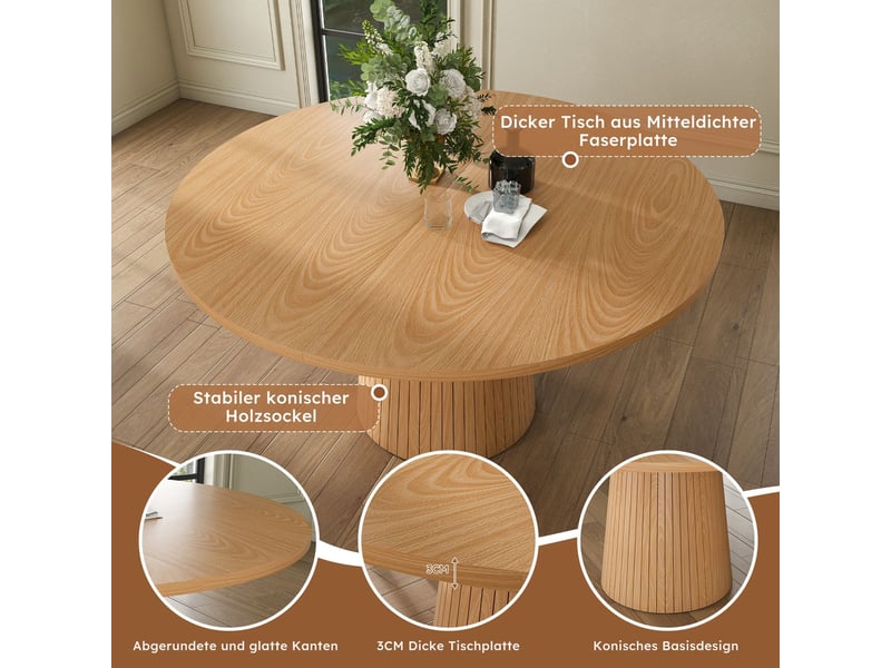Table de cuisine 110 cm table de salle à manger ronde style maison de campagne plateau en mdf placage chêne composé de deux demi-cercles piètement cylindrique à cadre métal intérieur - Conforama C