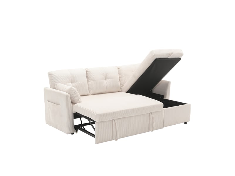  Canapé d’angle convertible modenvie modulable 3 places avec rangement, méridienne interchangeable, velours côtelé beige, 206 x 108 x 66 à 88 cm  - Conforama A