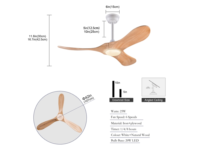  Ventilateur de plafond 42 pouces avec éclairage led et télécommande, 3 pales en bois clair, 6 vitesses  - Conforama C