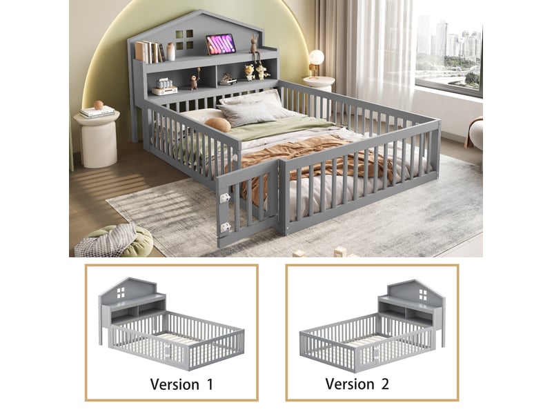  Lit enfant 140x200 cm avec étagère, tableau noir, garde-corps et sommier, forme de maison, bois gris, sans matelas  - Conforama D