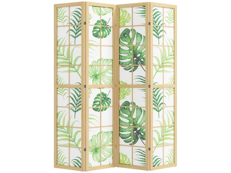  Paravent 4 Panneaux Pliable Style Bohème Motif Tropical Cadre en Bois Vert, Séparateur de Pièce Décoratif  - Conforama A