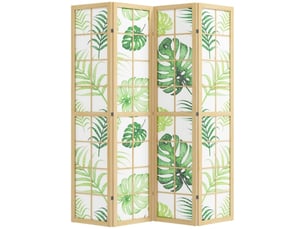 Paravent 4 Panneaux Pliable Style Bohème Motif Tropical Cadre en Bois Vert, Séparateur de Pièce Décoratif