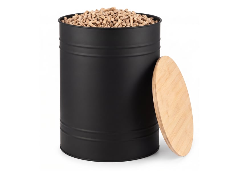  Casabel réservoir pellets &amp; granulés rond, cap. 30kg, métal noir, couvercle bambou, compact &amp; élégant, pour poêle  - Conforama A